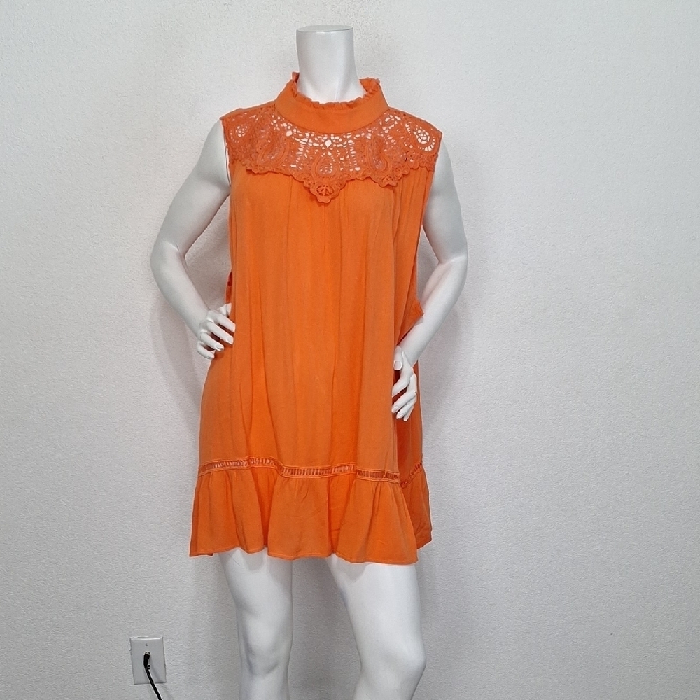 Andthewhy NEW Orange Sleeveless Lace Bohemian Romantic Mock Neck Tunic Top- XXXL